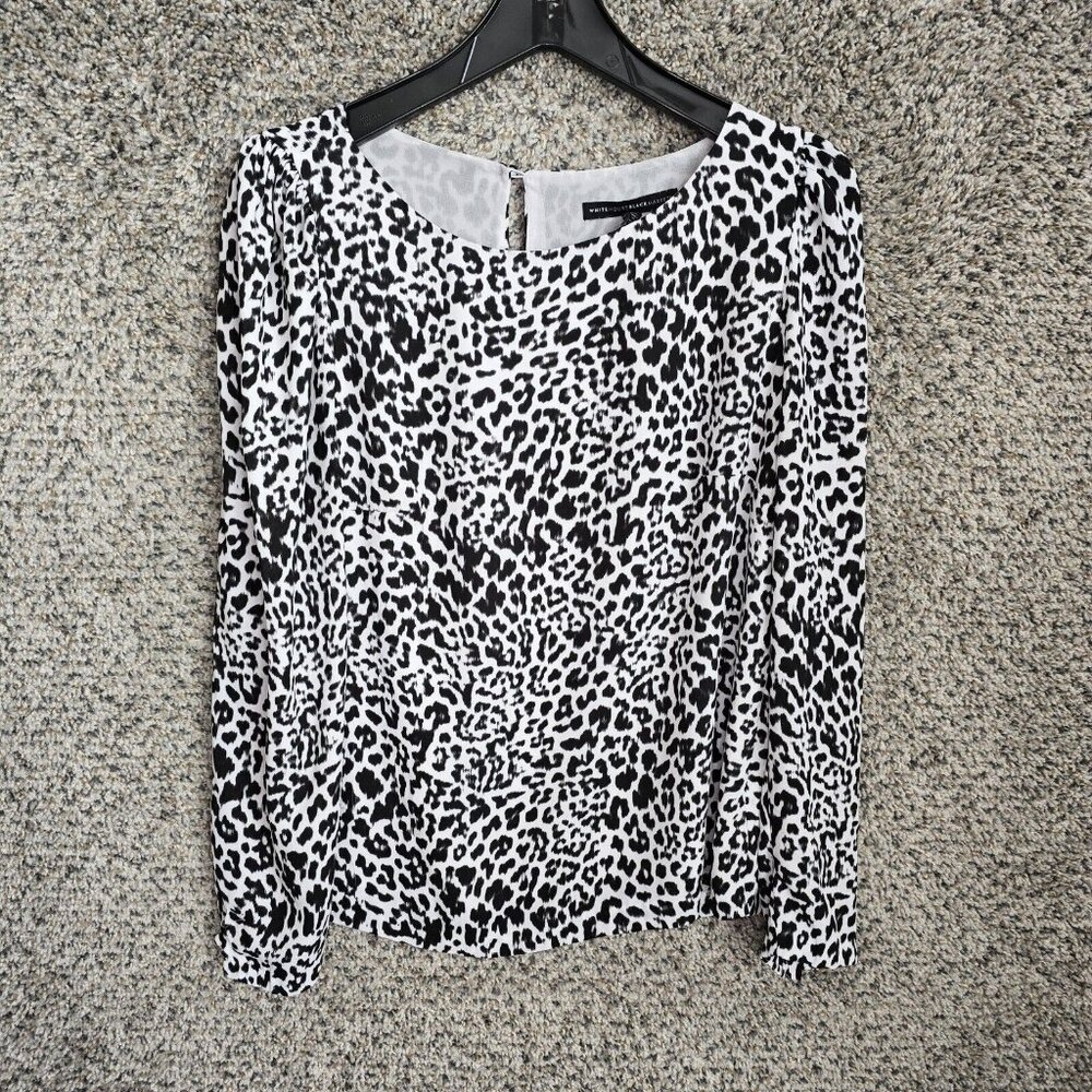 White House Black Market Top Womens 6 Black‎ Animal Print Blouse Keyhole Button